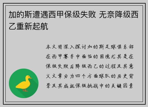 加的斯遭遇西甲保级失败 无奈降级西乙重新起航