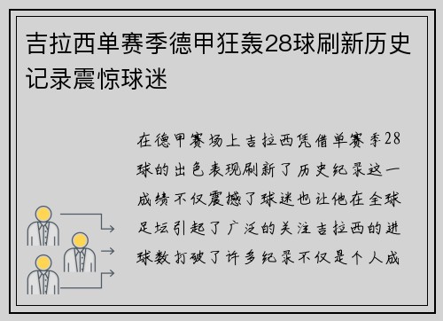 吉拉西单赛季德甲狂轰28球刷新历史记录震惊球迷